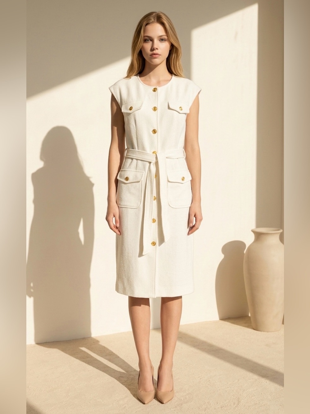 Jones New York Cream Sleeveless Button-Front Belted Midi Dress